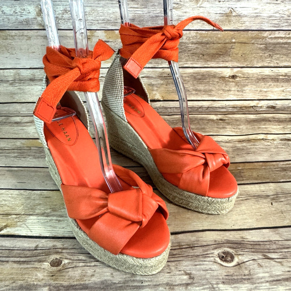 Cole Haan Grand 360 Orange Leather Espadrille Wedge Open Toe Sandals 8B - Picture 1 of 8